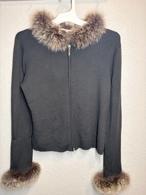 Carol Anderson Black Fox Fur Trim Zip Cardigan Sweater Vintage Luxury Size Large